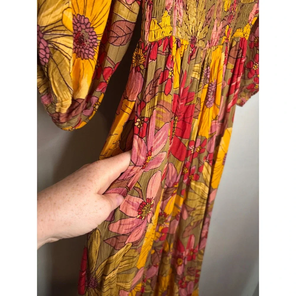 Angie Floral Smocked Maxi Dress S Yellow Red Boho Puff Sleeve Cottagecore - Picture 4 of 6